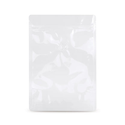 Sachet à fond plat blanc avec valve de protection des arômes