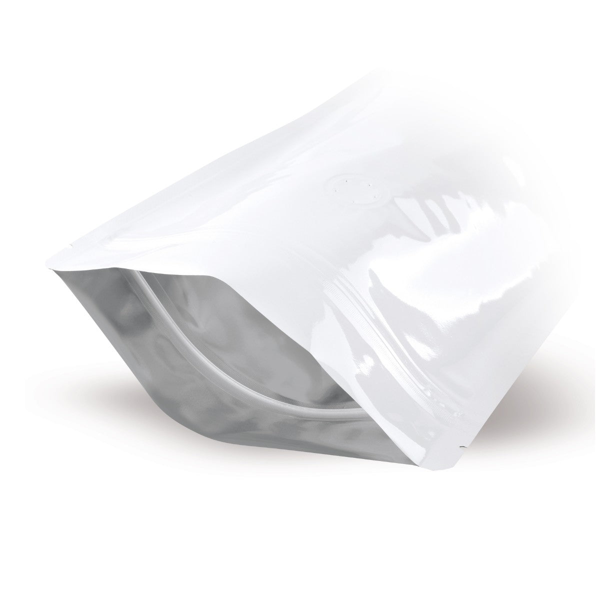 Sachet à fond plat blanc avec valve de protection des arômes