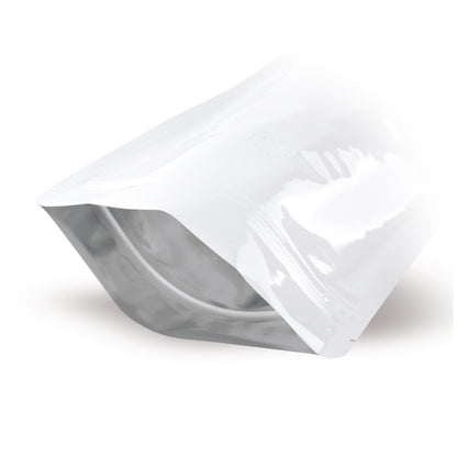 Sachet à fond plat blanc avec valve de protection des arômes