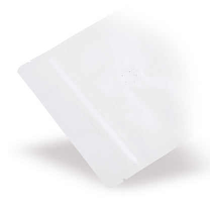 Sachet à fond plat blanc avec valve de protection des arômes